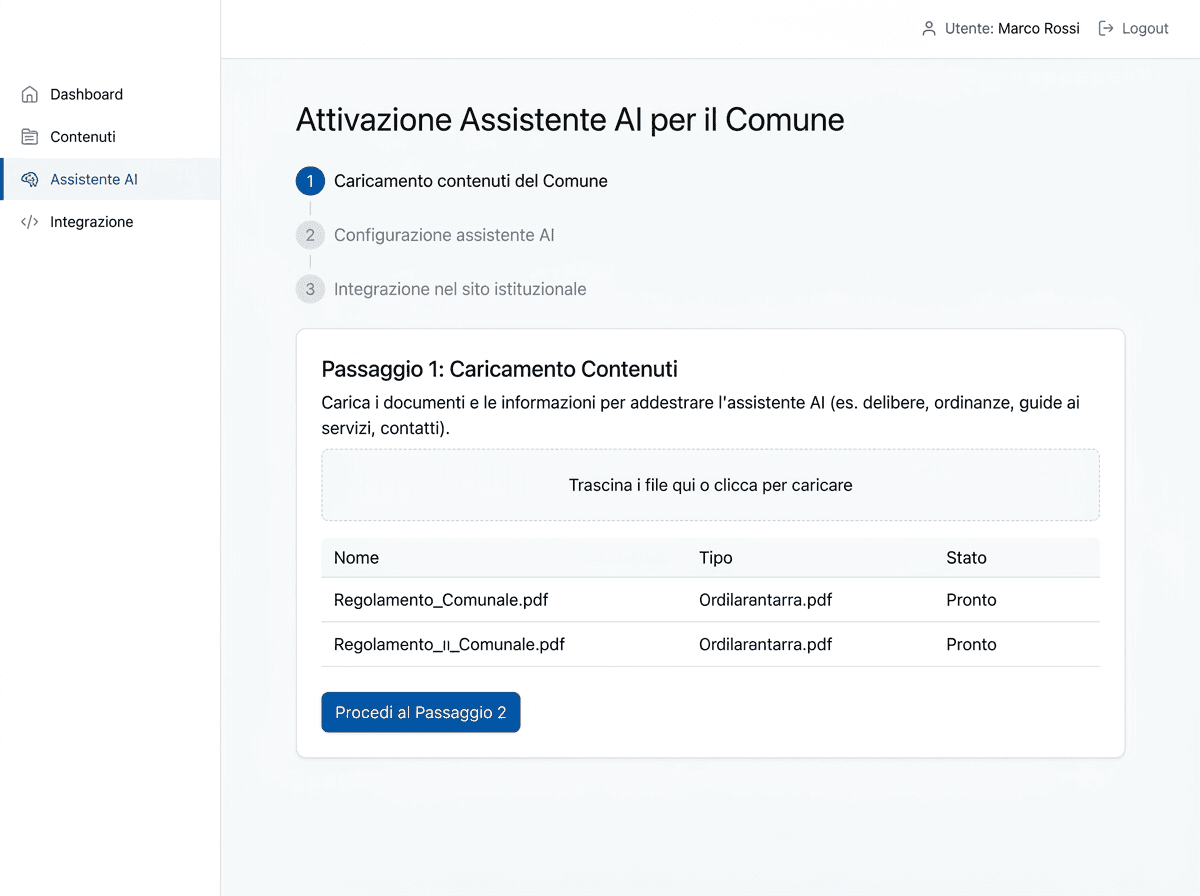 Pannello di attivazione dell'assistente AI: caricamento dei documenti del Comune, configurazione e integrazione nel sito