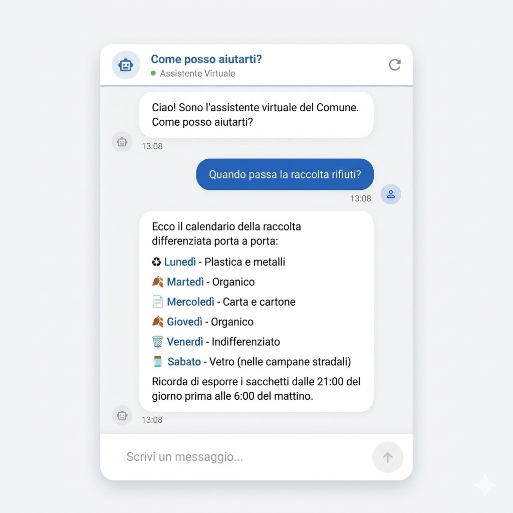 Esempio di conversazione: un cittadino chiede all'assistente virtuale del Comune quando passa la raccolta rifiuti e riceve il calendario settimanale della differenziata