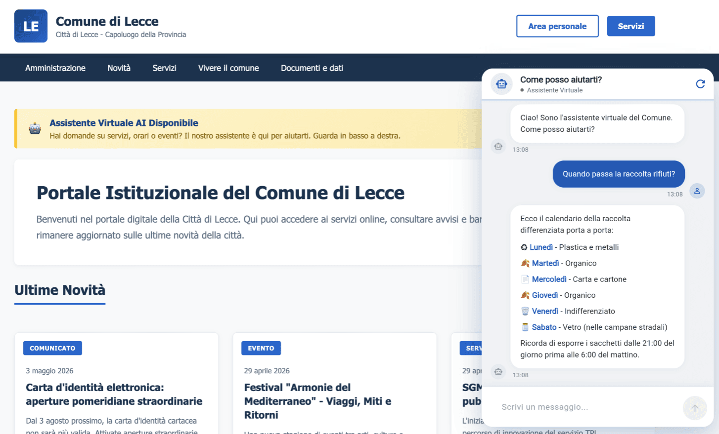 Portale istituzionale di un Comune con la finestra dell'assistente virtuale aperta in basso a destra